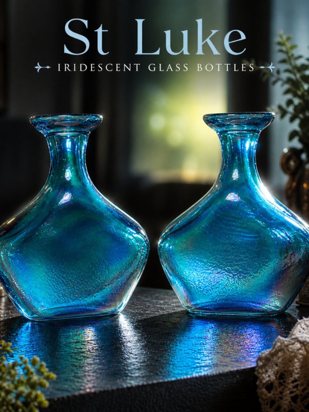 Vintage St. Luke Iridescent Glass Bottles Set of 2 Blue Carnival Style Decor